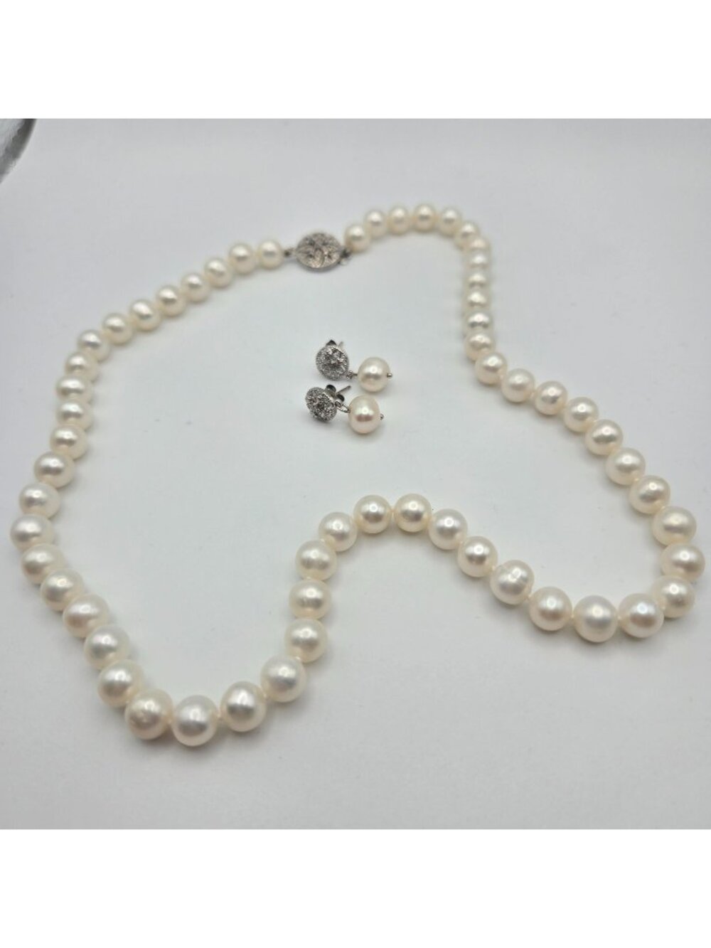 Vintage Genuine Pearl Necklace Earrings Set 925 Sterling Silver 17 Inches 8mm